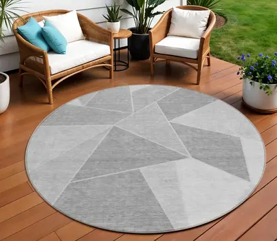 8' Gray Silver And Graphite Round Geometric Washable Indoor Outdoor Area Rug
