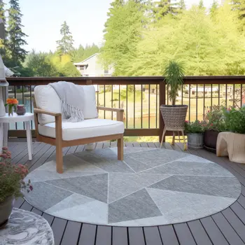8' Gray Silver And Graphite Round Geometric Washable Indoor Outdoor Area Rug