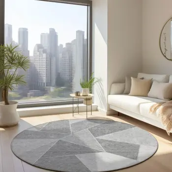 8' Gray Silver And Graphite Round Geometric Washable Indoor Outdoor Area Rug