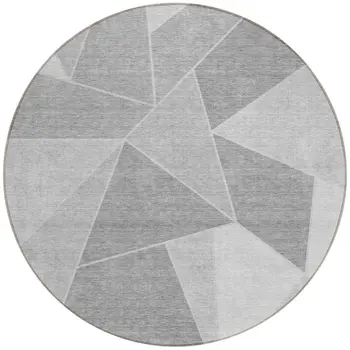 8' Gray Silver And Graphite Round Geometric Washable Indoor Outdoor Area Rug