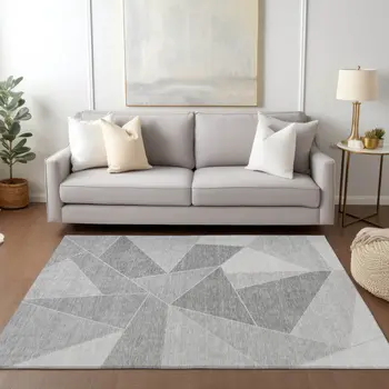 10' X 14' Gray Silver And Graphite Geometric Washable Indoor Outdoor Area Rug