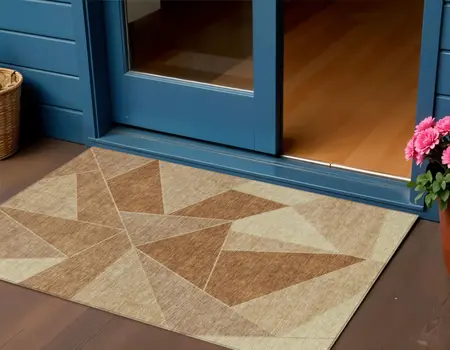 3' X 5' Orange Copper And Beige Geometric Washable Indoor Outdoor Area Rug