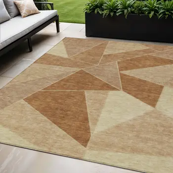 5' X 8' Orange Copper And Beige Geometric Washable Indoor Outdoor Area Rug