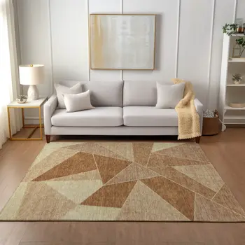 5' X 8' Orange Copper And Beige Geometric Washable Indoor Outdoor Area Rug