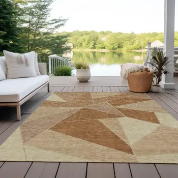 9' X 12' Orange Copper And Beige Geometric Washable Indoor Outdoor Area Rug