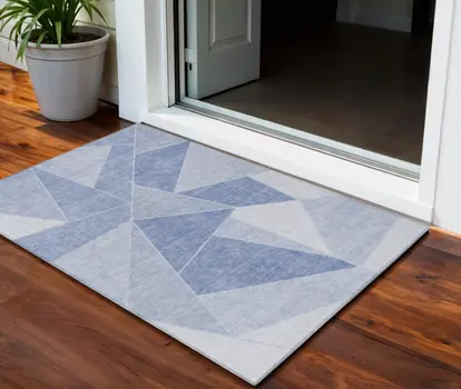 3' X 5' Sky Blue And Denim Blue Geometric Washable Indoor Outdoor Area Rug