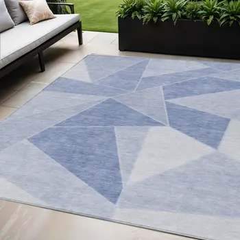 5' X 8' Sky Blue And Denim Blue Geometric Washable Indoor Outdoor Area Rug