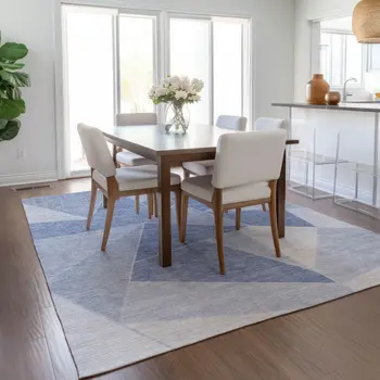 5' X 8' Sky Blue And Denim Blue Geometric Washable Indoor Outdoor Area Rug