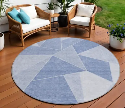 8' Sky Blue And Denim Blue Round Geometric Washable Indoor Outdoor Area Rug