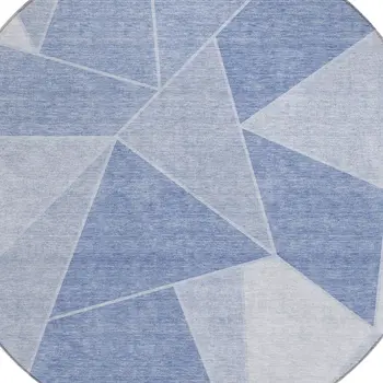 8' Sky Blue And Denim Blue Round Geometric Washable Indoor Outdoor Area Rug