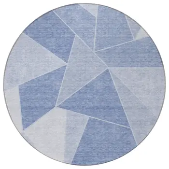 8' Sky Blue And Denim Blue Round Geometric Washable Indoor Outdoor Area Rug