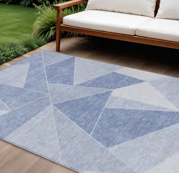 8' X 10' Sky Blue And Denim Blue Geometric Washable Indoor Outdoor Area Rug