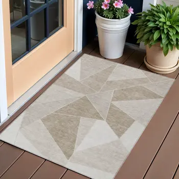 3' X 5' Taupe Brown And Beige Geometric Washable Indoor Outdoor Area Rug