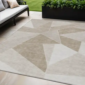 5' X 8' Taupe Brown And Beige Geometric Washable Indoor Outdoor Area Rug