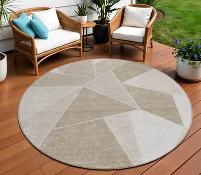 8' Taupe Brown And Beige Round Geometric Washable Indoor Outdoor Area Rug