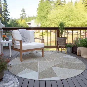 8' Taupe Brown And Beige Round Geometric Washable Indoor Outdoor Area Rug