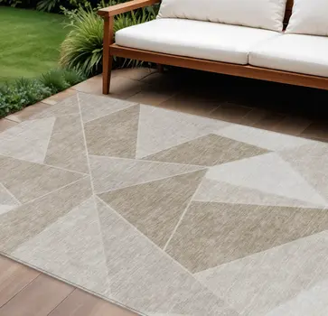 8' X 10' Taupe Brown And Beige Geometric Washable Indoor Outdoor Area Rug