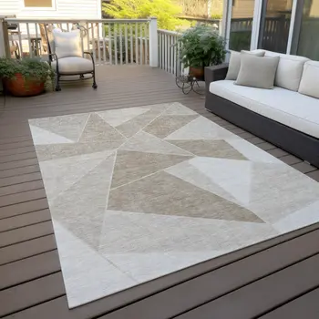10' X 14' Taupe Brown And Beige Geometric Washable Indoor Outdoor Area Rug