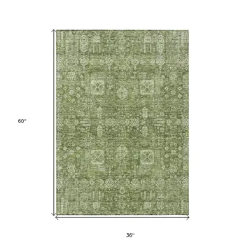 3' X 5' Artichoke Green And Ivory Oriental Washable Indoor Outdoor Area Rug