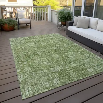 3' X 5' Artichoke Green And Ivory Oriental Washable Indoor Outdoor Area Rug