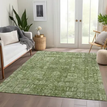 3' X 5' Artichoke Green And Ivory Oriental Washable Indoor Outdoor Area Rug