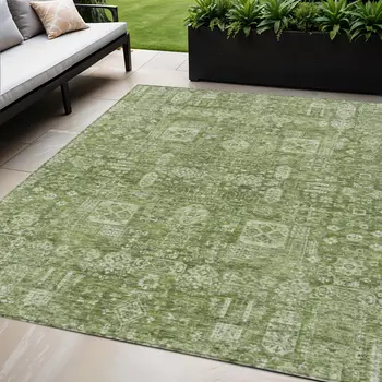 5' X 8' Artichoke Green And Ivory Oriental Washable Indoor Outdoor Area Rug