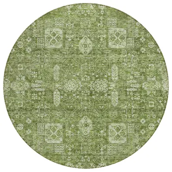 8' Artichoke Green And Ivory Round Oriental Washable Indoor Outdoor Area Rug