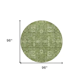 8' Artichoke Green And Ivory Round Oriental Washable Indoor Outdoor Area Rug
