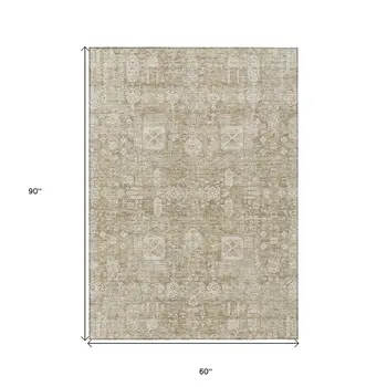 5' X 8' Beige Tan And Ivory Oriental Washable Indoor Outdoor Area Rug
