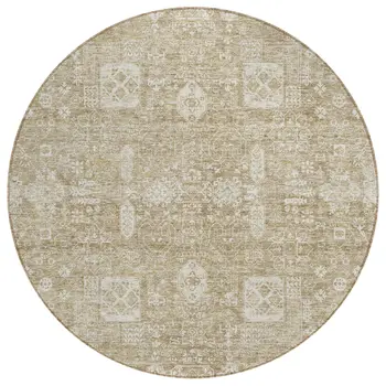 8' Beige Tan And Ivory Round Oriental Washable Indoor Outdoor Area Rug