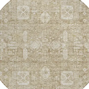 8' Beige Tan And Ivory Round Oriental Washable Indoor Outdoor Area Rug
