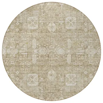 8' Beige Tan And Ivory Round Oriental Washable Indoor Outdoor Area Rug