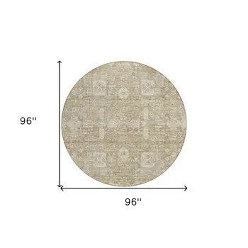8' Beige Tan And Ivory Round Oriental Washable Indoor Outdoor Area Rug