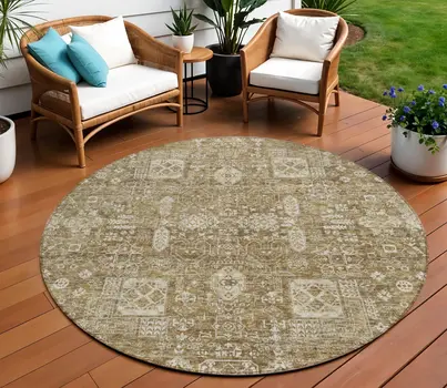 8' Brown Beige And Ivory Round Oriental Washable Indoor Outdoor Area Rug