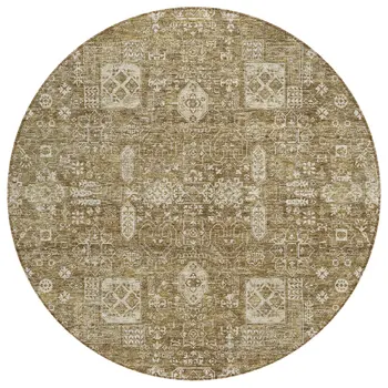 8' Brown Beige And Ivory Round Oriental Washable Indoor Outdoor Area Rug