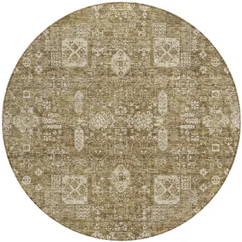 8' Brown Beige And Ivory Round Oriental Washable Indoor Outdoor Area Rug