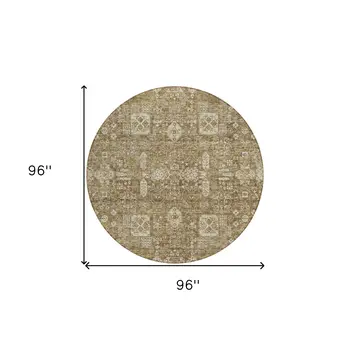 8' Brown Beige And Ivory Round Oriental Washable Indoor Outdoor Area Rug