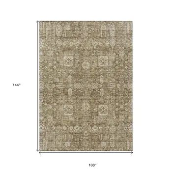 9' X 12' Brown Beige And Ivory Oriental Washable Indoor Outdoor Area Rug