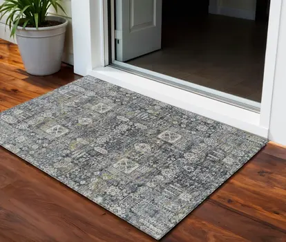 3' X 5' Charcoal Gray And Ivory Oriental Washable Indoor Outdoor Area Rug