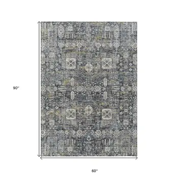 5' X 8' Charcoal Gray And Ivory Oriental Washable Indoor Outdoor Area Rug