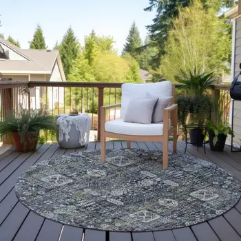 8' Charcoal Gray And Ivory Round Oriental Washable Indoor Outdoor Area Rug
