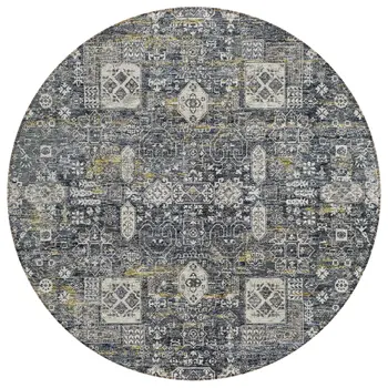 8' Charcoal Gray And Ivory Round Oriental Washable Indoor Outdoor Area Rug