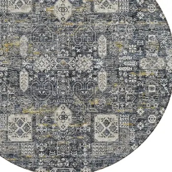 8' Charcoal Gray And Ivory Round Oriental Washable Indoor Outdoor Area Rug