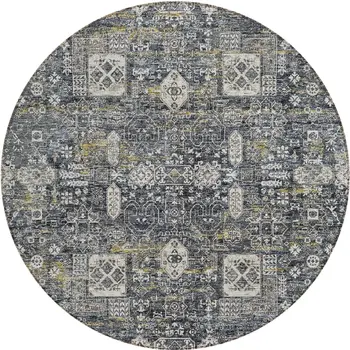 8' Charcoal Gray And Ivory Round Oriental Washable Indoor Outdoor Area Rug