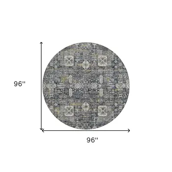 8' Charcoal Gray And Ivory Round Oriental Washable Indoor Outdoor Area Rug