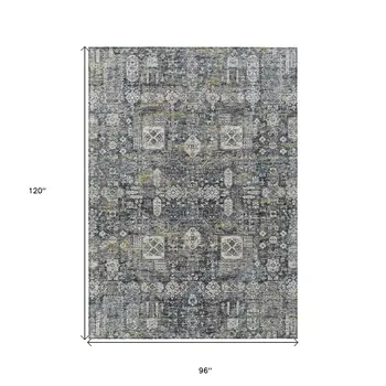 8' X 10' Charcoal Gray And Ivory Oriental Washable Indoor Outdoor Area Rug