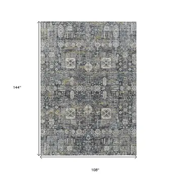 9' X 12' Charcoal Gray And Ivory Oriental Washable Indoor Outdoor Area Rug