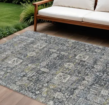 9' X 12' Charcoal Gray And Ivory Oriental Washable Indoor Outdoor Area Rug