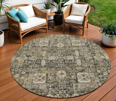 8' Coffee And Beige Round Oriental Washable Indoor Outdoor Area Rug