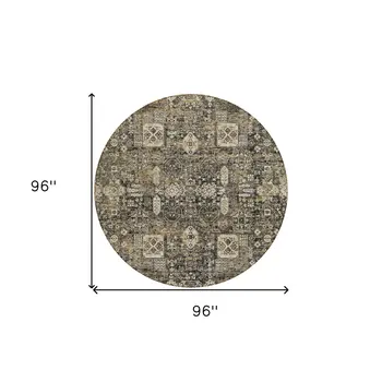 8' Coffee And Beige Round Oriental Washable Indoor Outdoor Area Rug